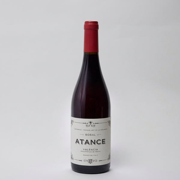 A bottle of Atance red wine from the brand Bodegas San Miguel, featuring a dark glass bottle with a red foil capsule and a white label, set against a plain light gray background.