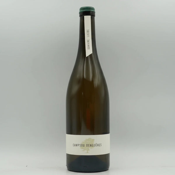 A dark green glass wine bottle with a white label reading 'CAMPSOU BENVÈRLS' and a small green foil seal at the neck, photographed against a light gray background.