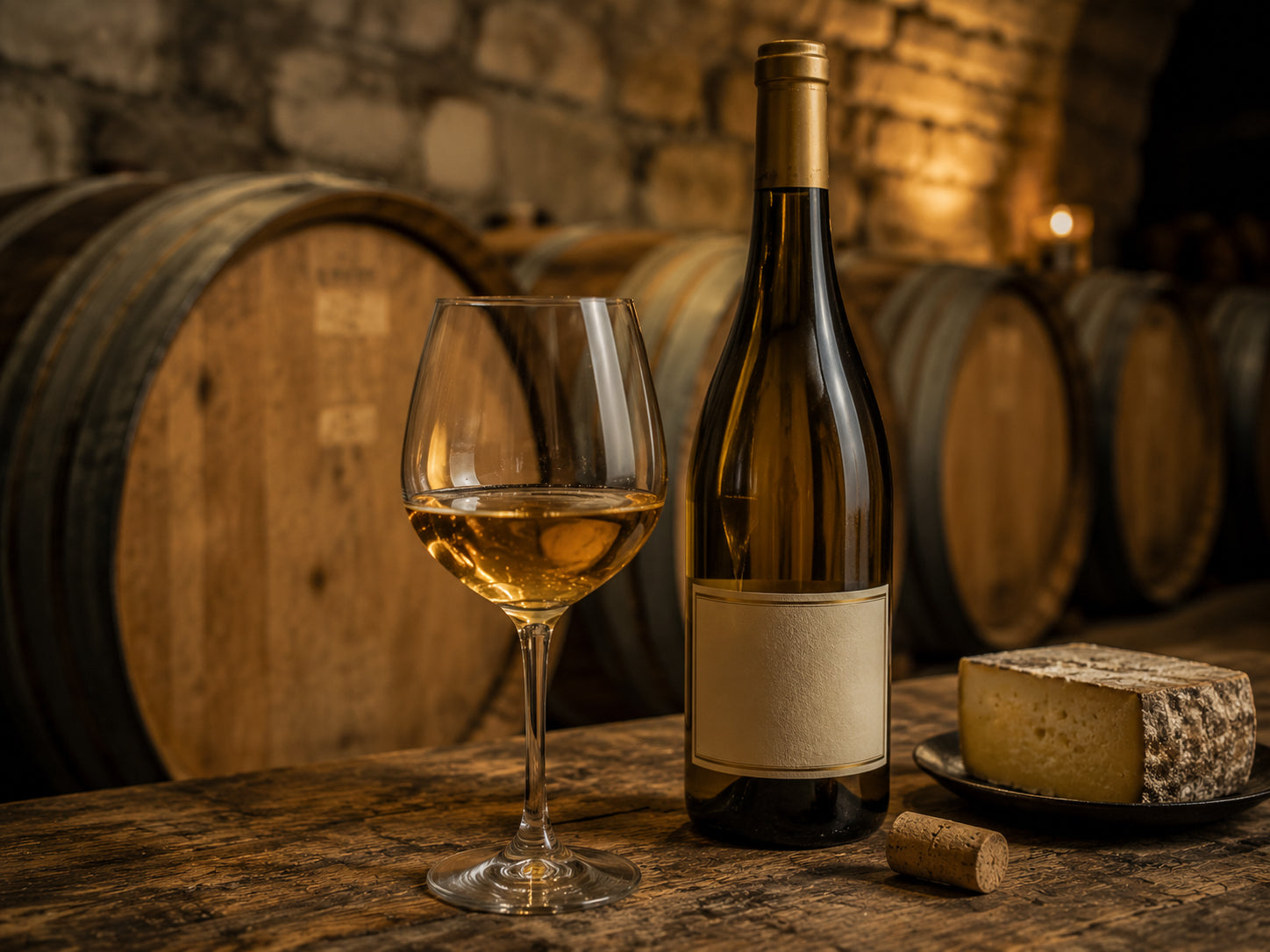 Bottle and glass of aged white wine in a cellar