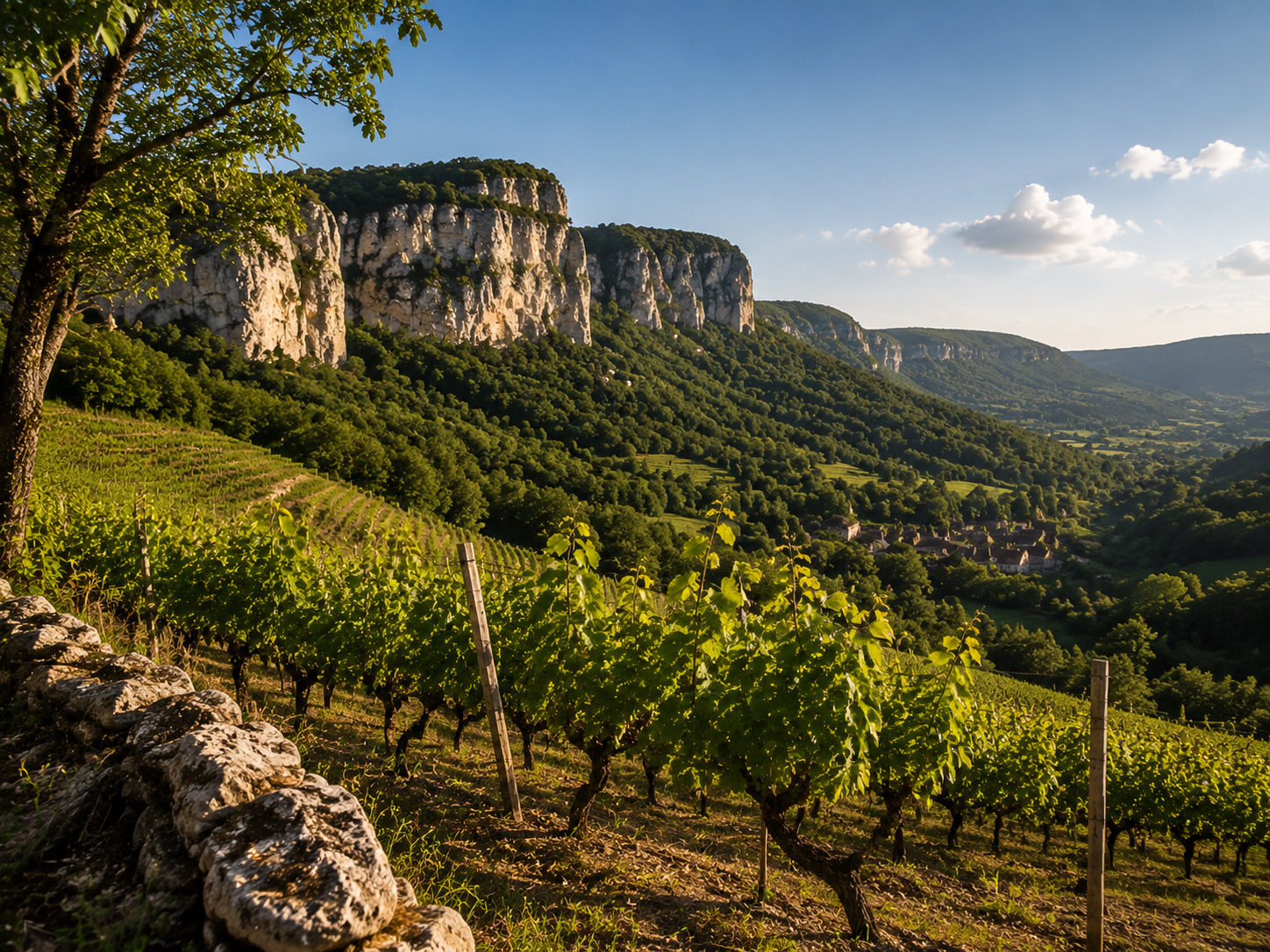 Jura vineyards beneath limestone cliffs