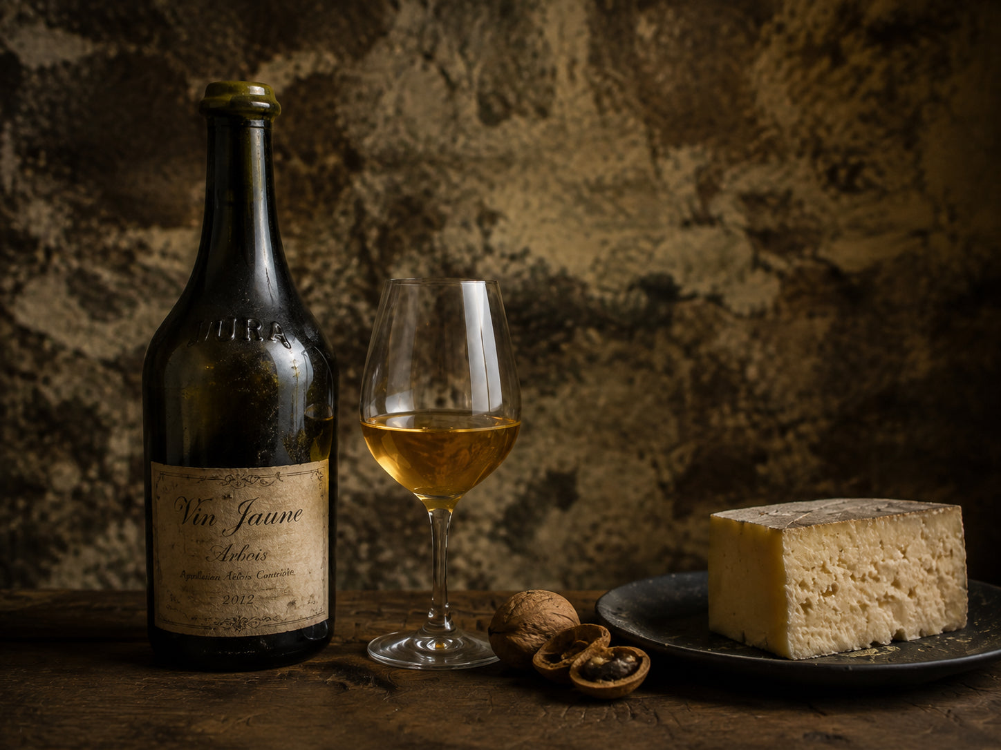 Bottle and glass of Vin Jaune with Comté cheese and walnuts