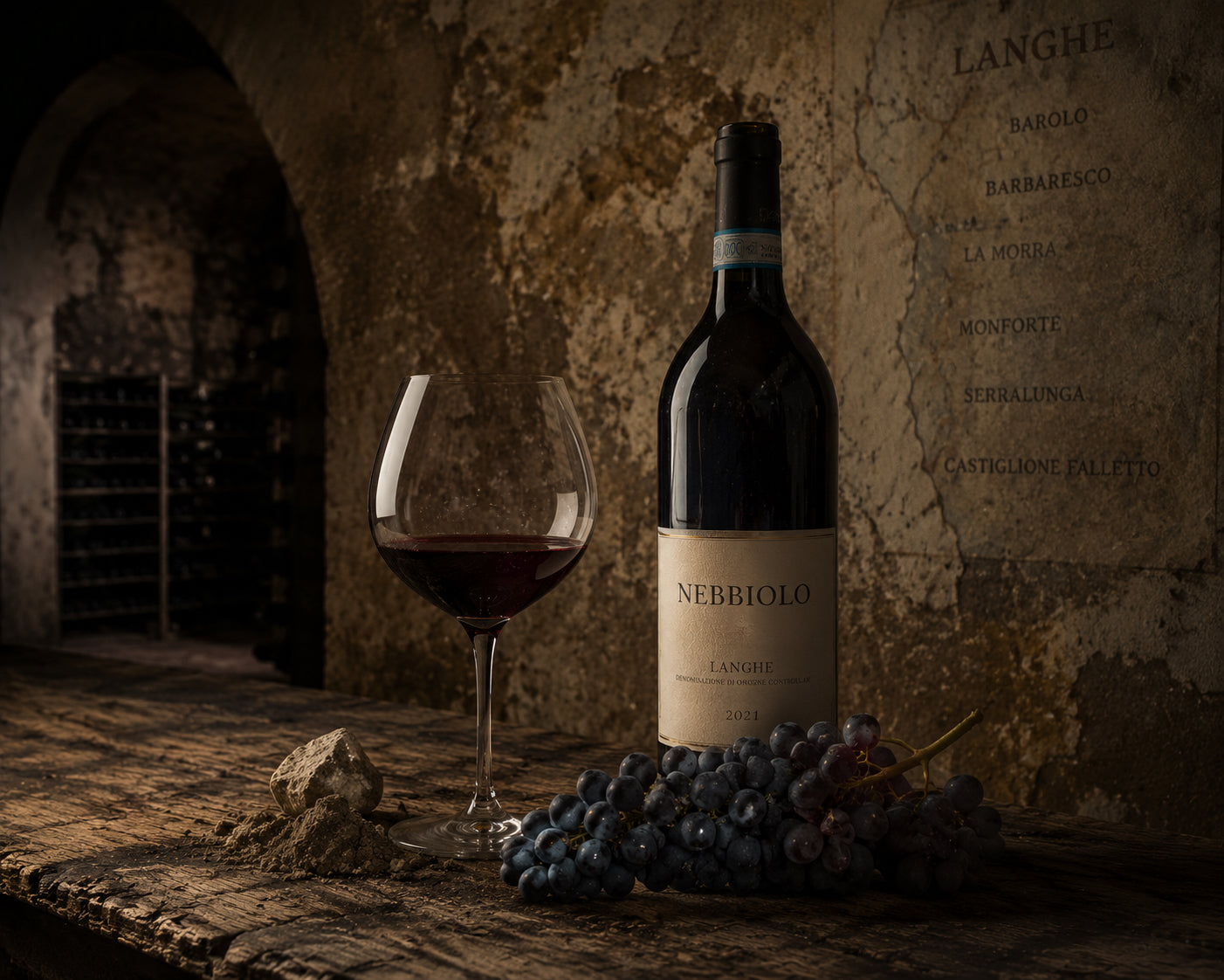 Bottle and glass of Nebbiolo in a Piedmont cellar