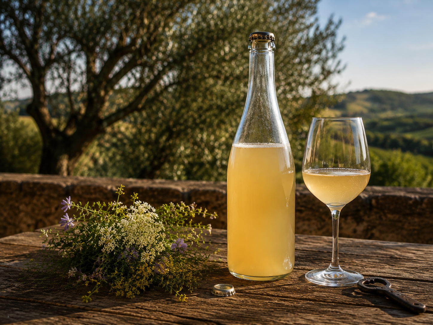Bottle and glass of pét-nat wine outdoors