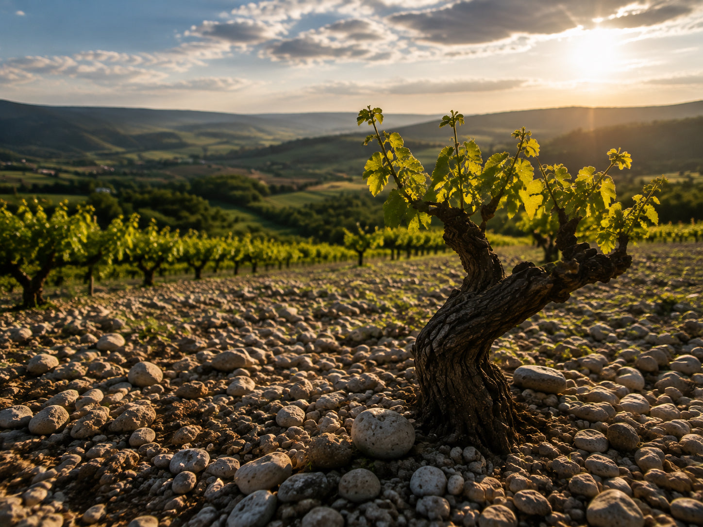 Old vines growing in a rocky vineyard at sunset