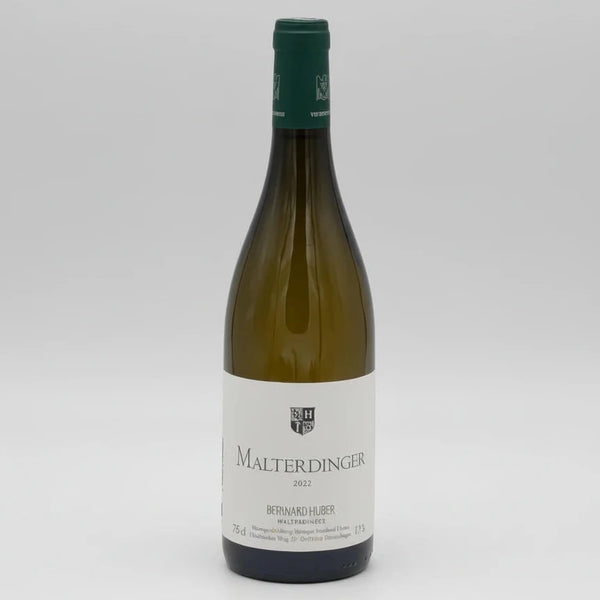 Chalky, precise organic German Chardonnay with citrus zest, white pear, saline grip, and refined oak; Malterdingen terroir, 2022 Huber, mineral and focused.