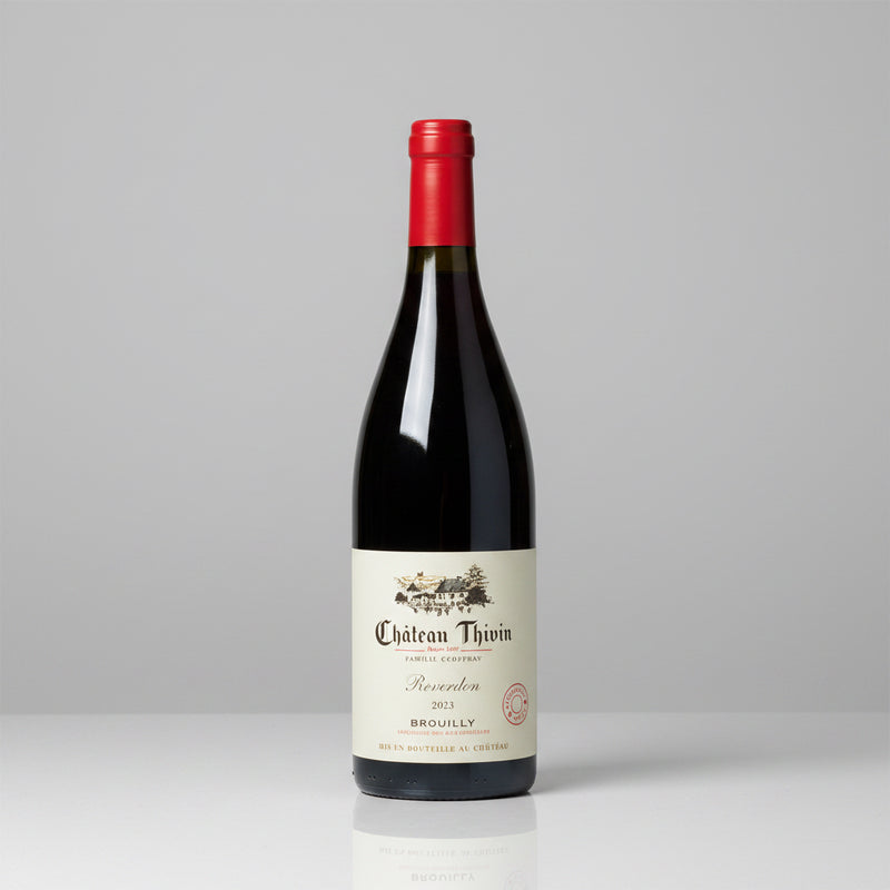 Bottle of Château Thivin Brouilly Reverdon 2023 on plain background