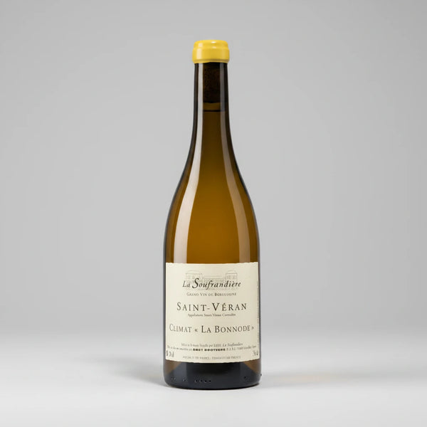 Bottle of La Soufrandière Saint-Véran La Bonnode 2020 against a playing background