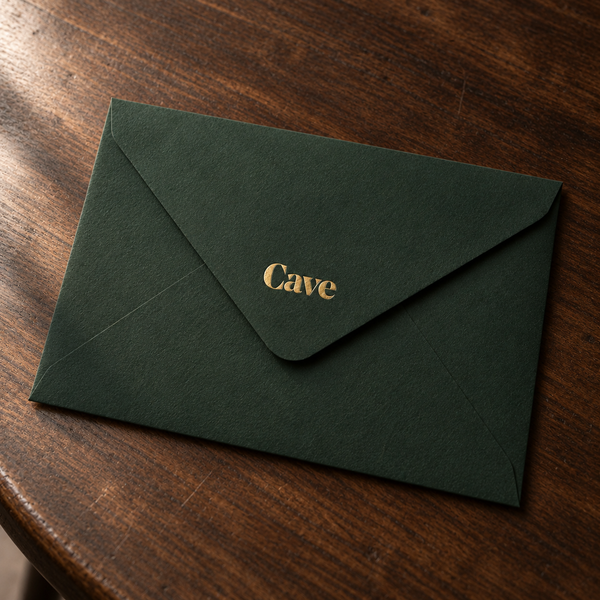A green Cave gift voucher envelope