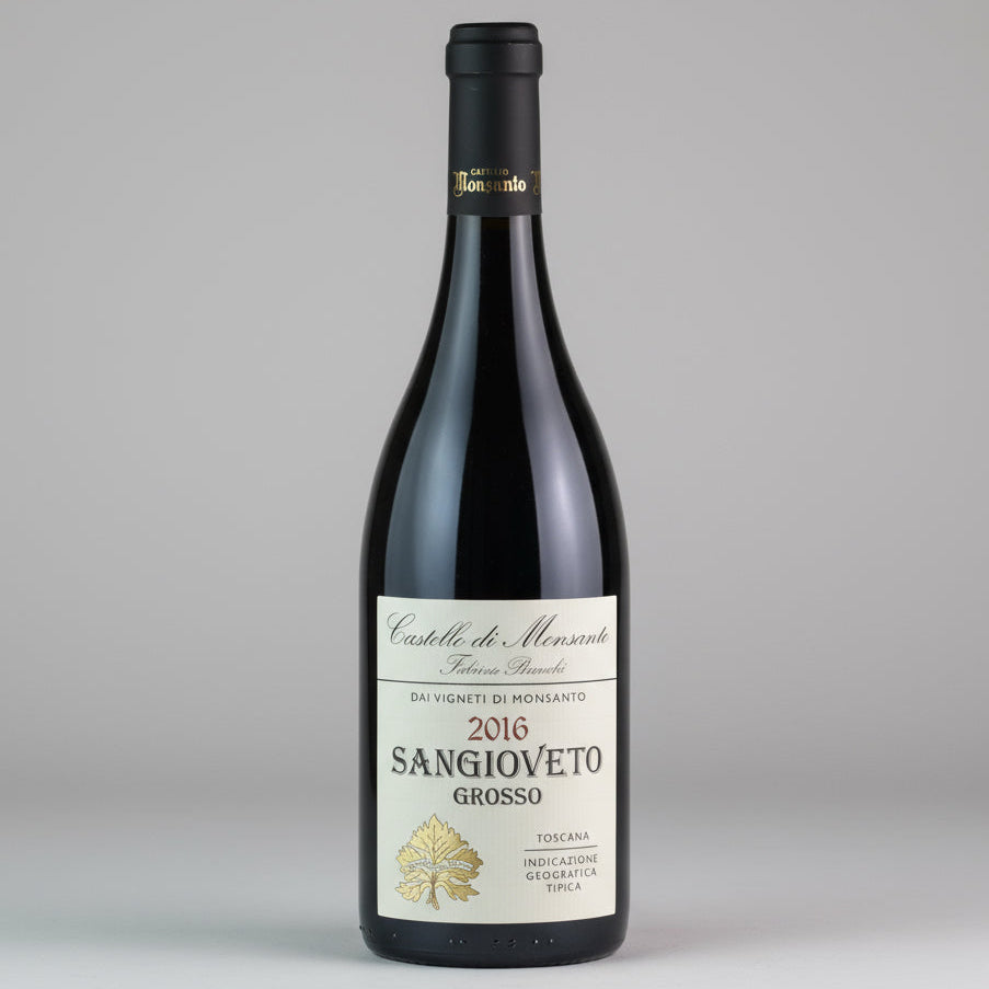 2016 Castello di Monsanto “Scanni” Sangiovese Grosso, Toscana IGT. Estate-grown, sustainable, aged 18–20m in French oak. Red fruit, structure, elegance.