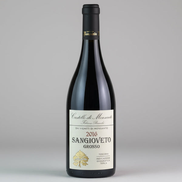 2016 Castello di Monsanto “Scanni” Sangiovese Grosso, Toscana IGT. Estate-grown, sustainable, aged 18–20m in French oak. Red fruit, structure, elegance.